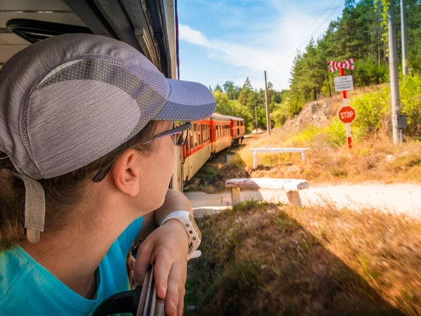 Röd retro tåg i Bulgarien berg, Alpine Railway i Bal — Stockfoto