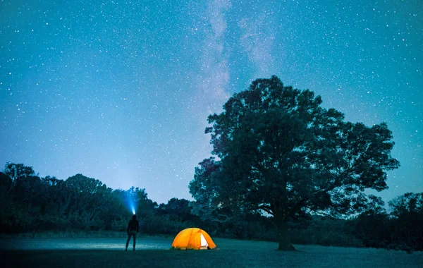 Чоловік кемпінг з наметом у лісі вночі з зоряним небом — стокове фото