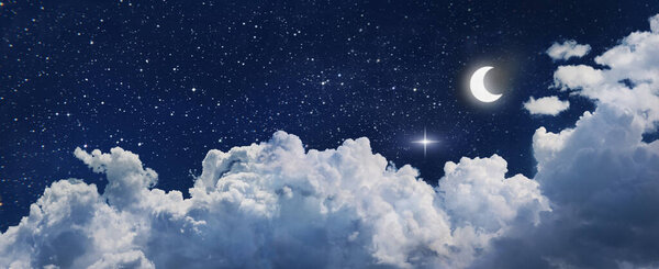Fantasy night sky background with stars, moon and clouds