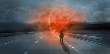 Yoldaki bir adamın silueti, belirsizlik konsepti ve geleceğin belirsizliği.