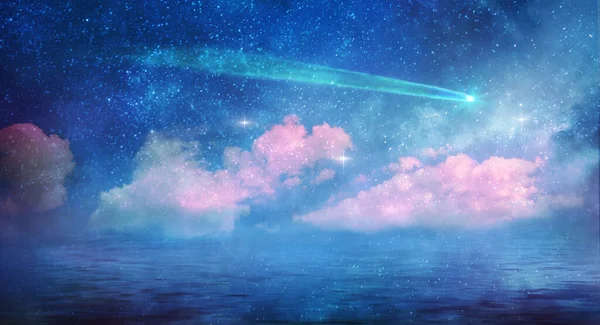 海の上に星空の魔法の夜の風景 — ストック写真