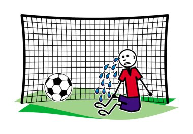 Kapıda bir cevapsız gol sonra ağlayan bir futbol (futbol) kaleci. Karikatür komik çizim. Vektör grafikleri.