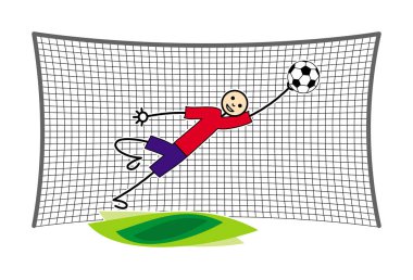 Kaleci kapıdaki bir sıçrama topu yakalar. Karikatür komik çizim. Futbol. Vektör çizim.