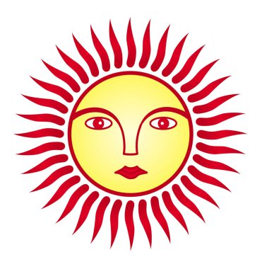 Güneş, insanın görüntüsüdür. Işınlar içinde bir yüz. Renkli renkli bir sembol. Vektör grafik sanatı.