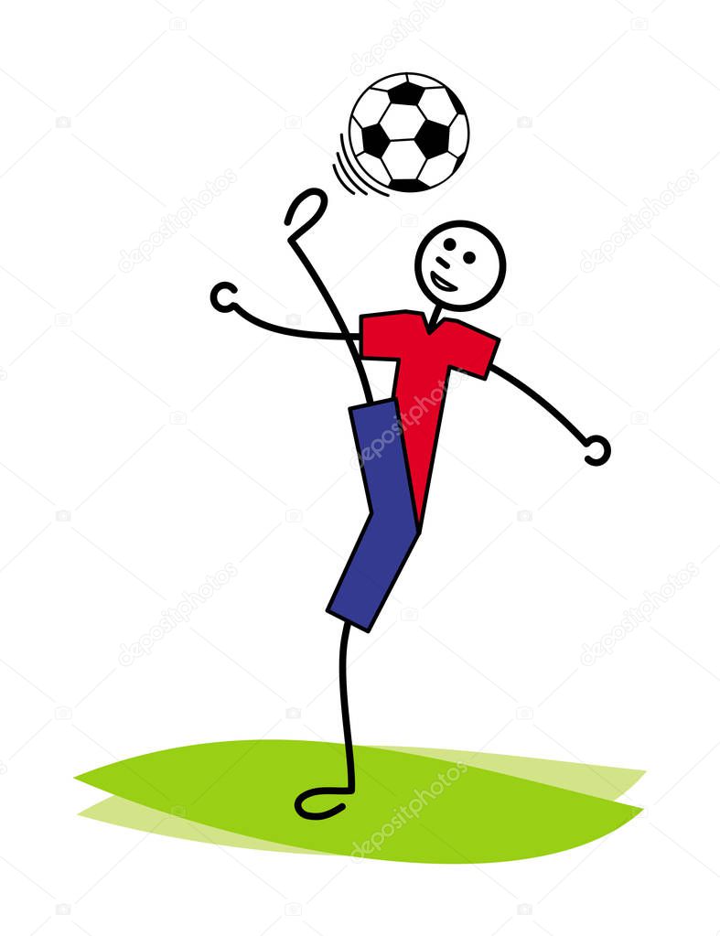 A cartoon man juggles a soccer ball, beats his head back. Football. Vector graphics.