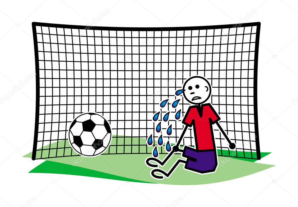 A soccer (football) goalkeeper crying at the gate after a missed goal. Cartoon funny drawing. Vector graphics.