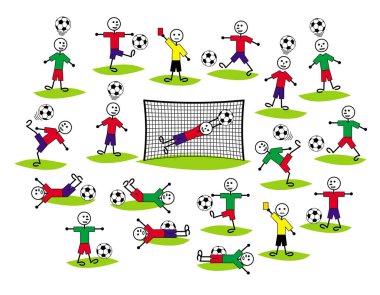 Karikatür çizimleri oyuncular ve hakemler bileşimi. Futbol ve futbol. Pozitif renkli arka plan. Vektör grafikleri.