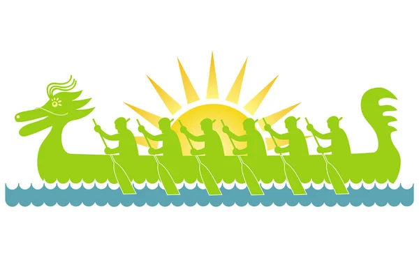 Dragon Boat Festivali. Rowers güneşin arka planı ile bir tekne silüeti. Bir karikatür çizim. Vektör grafikleri