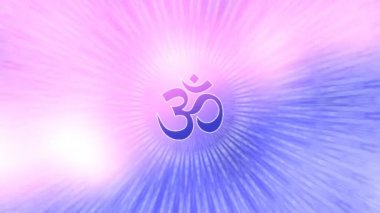 Dönen mandalada aum (ohm, om) işareti. Mor, pembe ve mor renkler. Video sanatı.