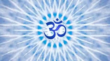 Mandala mavi tonlarda döner. Mandala ortasında Aum, Om, Ohm işaretidir. Video.