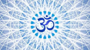 Mandala mavi tonlarda döner. Mandala ortasında Aum, Om, Ohm işaretidir. Video.