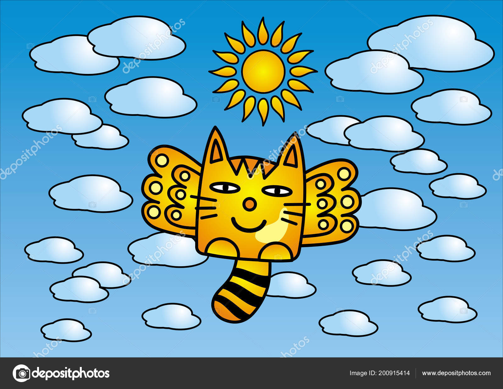 Chat Dessin Animé Avec Des Ailes Oiseau Dans Les Nuages