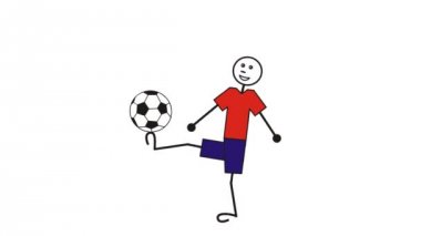 Bir çizgi film adam bir top juggles. Bir futbol (futbol) oyuncu. Komik komik video.