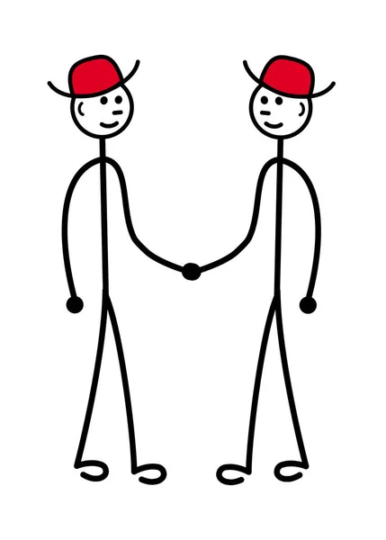 Два Маленьких Человечка Красных Шляпах Пожимают Друг Другу Руки Мультфильм — стоковый вектор