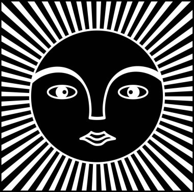 Güneş sembolü. Bir halo ışınlarının bir adamın yüzü. Siyah ve beyaz tonlarda grafik sembolü. Vektör.