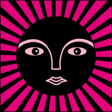Güneşin sembolü. Işın halkası içindeki bir adamın yüzü. Mor, pembe ve siyah tonlarda sembol grafikleri. Vektör sanat grafikleri.