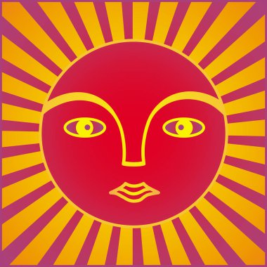 Güneş sembolü. Bir halo ışınlarının bir adamın yüzü. Mor, sarı, turuncu ve kırmızı tonlarda grafik sembolü. Vektör.