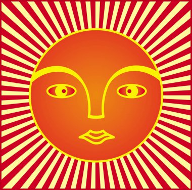 Güneş sembolü. Bir halo ışınlarının bir adamın yüzü. Mor, sarı, turuncu ve kırmızı tonlarda grafik sembolü. Vektör.