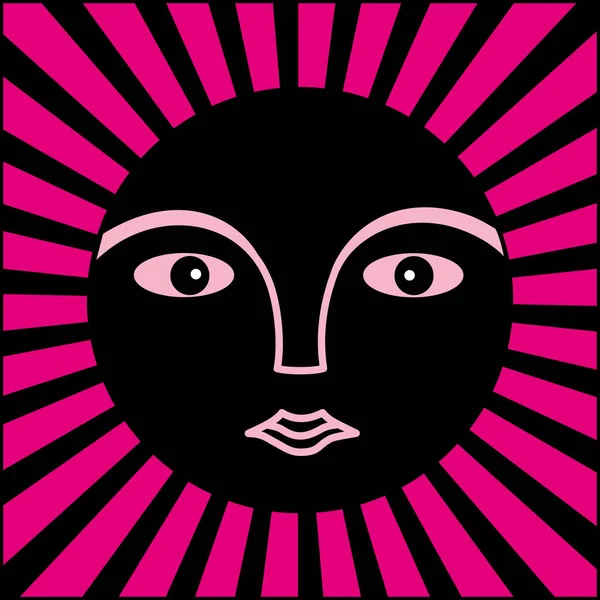 Güneşin sembolü. Işın halkası içindeki bir adamın yüzü. Mor, pembe ve siyah tonlarda sembol grafikleri. Vektör sanat grafikleri.