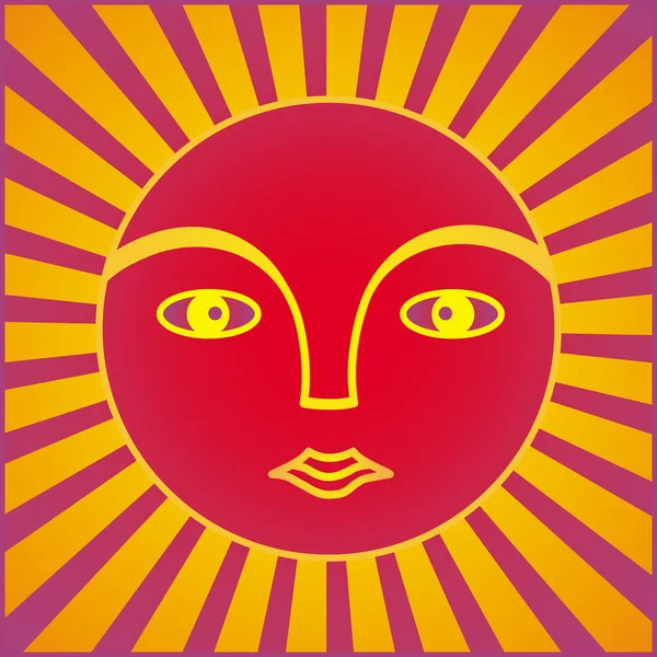 Güneş sembolü. Bir halo ışınlarının bir adamın yüzü. Mor, sarı, turuncu ve kırmızı tonlarda grafik sembolü. Vektör.