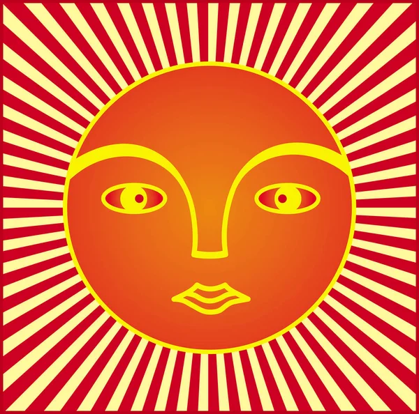 Güneş sembolü. Bir halo ışınlarının bir adamın yüzü. Mor, sarı, turuncu ve kırmızı tonlarda grafik sembolü. Vektör.