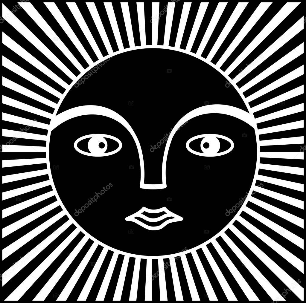 The symbol of the sun. The face of a man in a halo of rays. Symbol graphics in black and white tones. Vector.