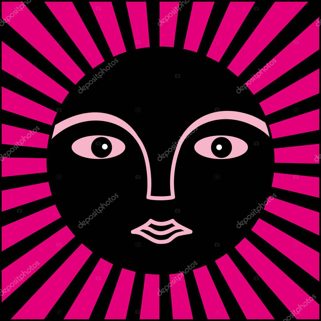 The symbol of the sun. The face of a man in a halo of rays. Symbol graphics in purple, pink and black tones. Vector art graphics.