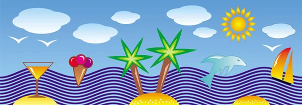 Symbolické Abstraktní Krajina Letovisko Tropické Moře Pláž Palmy Zmrzlina Jachty — Stockový vektor