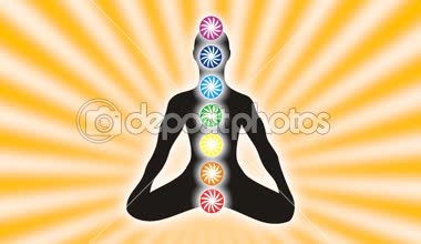 Yogi arka plan dönen güneş ışınlarının bir lotus konumunda. İnce narin süsleme. Video.