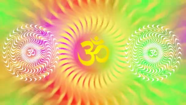 明るい色でオーム オームの記号を持つ回転曼荼羅 瞑想パターンの回転 ビデオだシームレスなループ — ストック動画