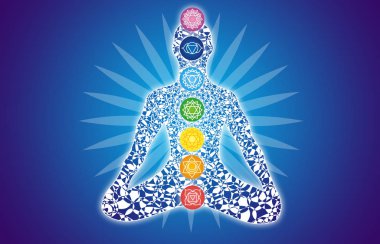 Mavi bir arka plan karşı bir lotus poz bir yogi silüeti çakralar üzerinde onun rakam belirtileri ile. 