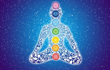 Lotus poz yıldızlı gökyüzü karşı bir yogi silüeti çakralar üzerinde onun rakam belirtileri ile.