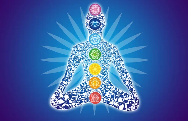 Mavi bir arka plan karşı bir lotus poz bir yogi silüeti çakralar üzerinde onun rakam belirtileri ile. 