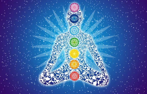 Silhouette Yogi Lotus Pose Starry Sky Signs Chakras His Figure — Stock Photo, Image