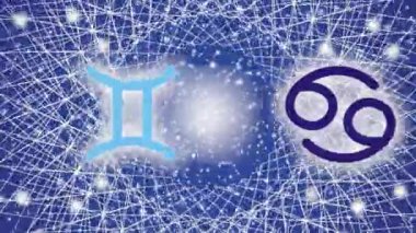 Zodyak 'ın, dönen mandala ve yıldızlı gökyüzünün arka planına karşı 12 işareti var. Her işarette güneş çerçevenin ortasında parlıyor. Video sanatı. Ekran Koruyucu.