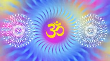 Aum belirtisi ile dönen bir mandala / Om / Ohm parlak renkler - mavi, sarı, mor. Meditatif desen döndürme. Video.