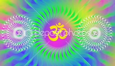 Aum belirtisi ile dönen bir mandala / Om / Ohm parlak renkler - mavi, sarı, mor, yeşil. Meditatif desen döndürme. Video.