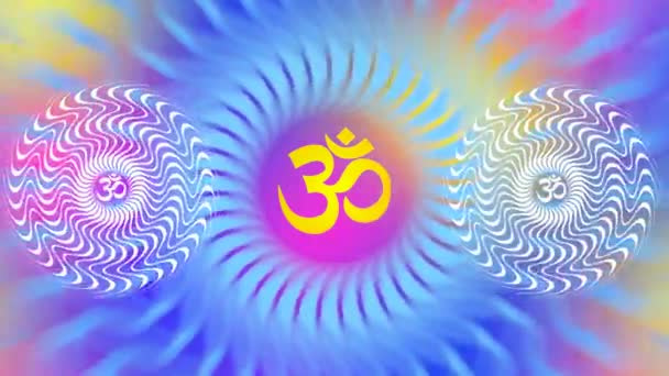 Rotující Mandala Znakem Ohm Jasných Barvách Modrá Žlutá Fialová Meditativní — Stock video