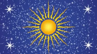 Yıldızlı gökyüzü, merkezde güneşin etrafında döner. Kenarları boyunca dönen yıldızlar vardır. Evren. Video sanat ekranı.