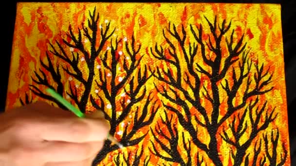 Fragmento Processo Pintura Quadro Energético Nas Cores Amarelo Laranja Tintas — Vídeo de Stock