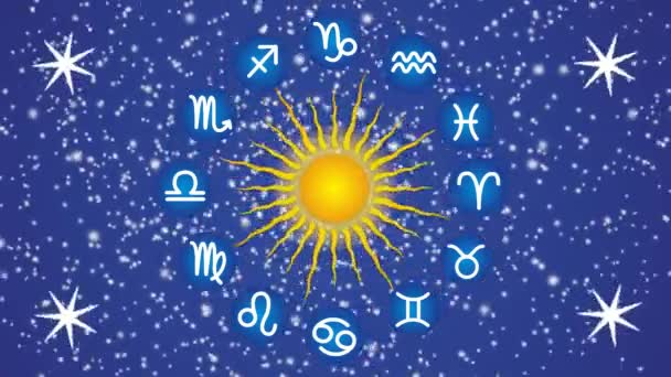 Солнце Знаков Зодиака Фоне Вращающегося Звездного Неба Каждый Знак Подсвечивается — стоковое видео