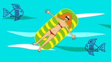 Kız bir şişme yatak, denizde yüzen silah uzanmış yatıyor. Sembolik stilize çizim. Sembolik çizgi film video.