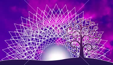 Mavi ve mor tonalite gökyüzüne karşı bir aum / om / ohm işareti ile Openwork mandala. Mandala merkezinde - mandala ve bulutların hareketi nin güneş rotasyonu. Video sanatı.