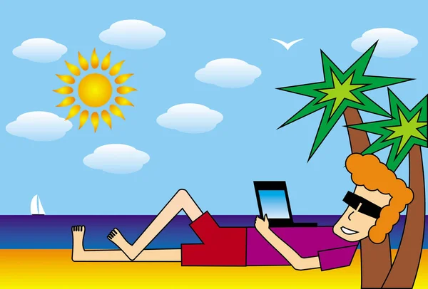 Cartoon Man Laptop Lies Beach Beach Palm Trees Freelancer Work — Stock Vector