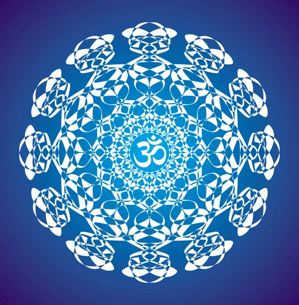 Openwork White Mandala Aum Ohm Sign Blue Background Graceful Geometric — Stock Vector
