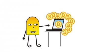 Bilgisayar bitcoinlerinde küçük bir adam çizgi filmi yaratıyor. Madencilik. Kavramsal mecazi resim. Vektör grafikleri. Kusursuz döngü.