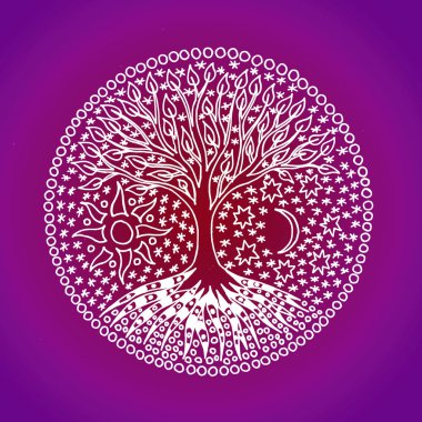 Hayat ağacı. Mandala. Renkli kırmızı ve mor sembolik desende. El ile grafik parlak bir arka plan üzerinde. Manevi sembolü.
