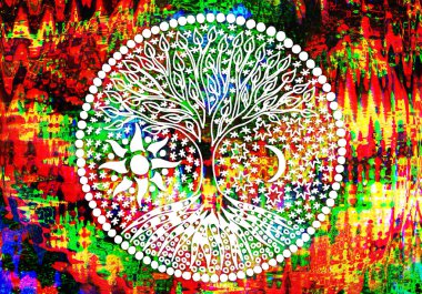 Hayat ağacı. Mandala. Sembolik desen renkli. El ile grafik parlak bir arka plan üzerinde. Manevi sembolü.