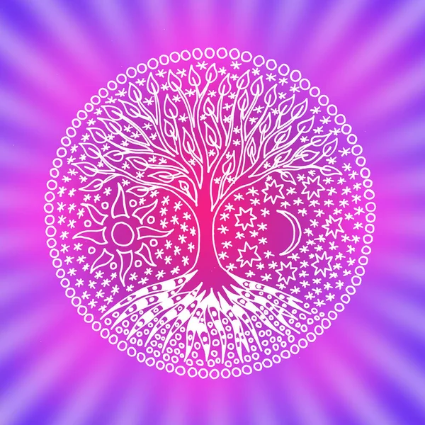 Livets Träd Mandala Symboliska Mönster Färgglada Blues Och Purpur Manuell — Stockfoto