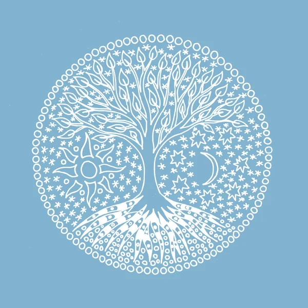 Hayat ağacı. Mandala. Sembolik desen renkli. El ile grafik mavi bir arka plan. Manevi sembolü.